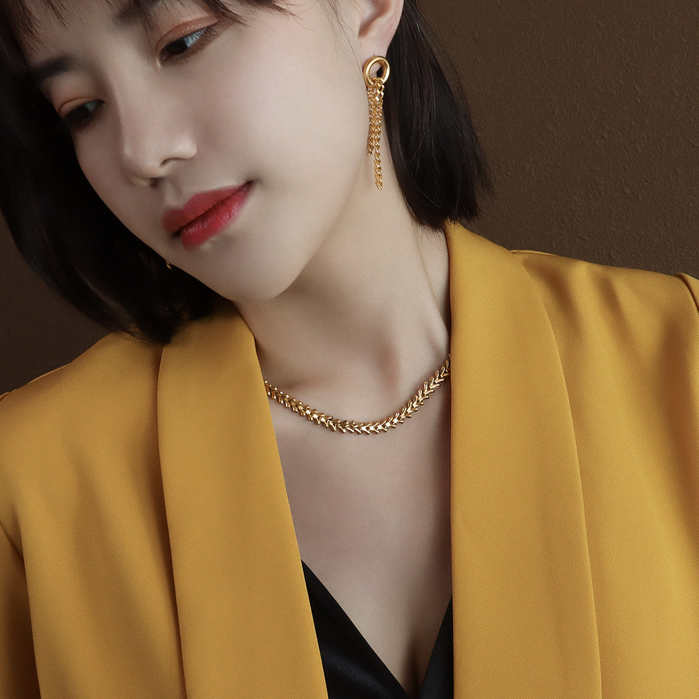 316L Stainless Steel 18K Gold PVD Leaf Jewelry Set - front view showcase