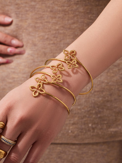 316L Stainless Steel 18K Gold PVD Minimalist Floral Open Bangle - luxury texture close up