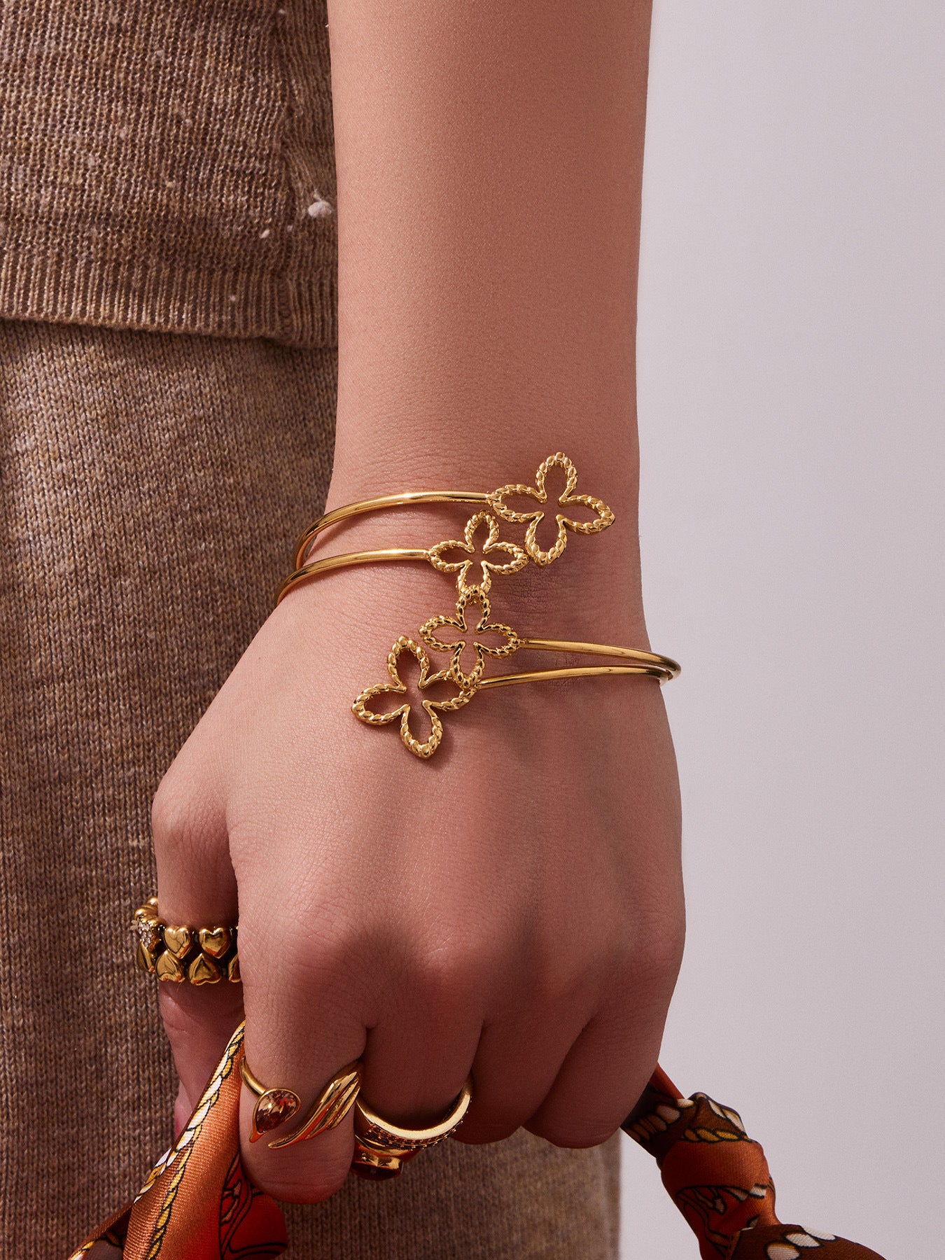 316L Stainless Steel 18K Gold PVD Minimalist Floral Open Bangle - premium jewelry aesthetic