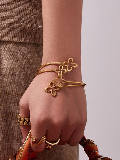 316L Stainless Steel 18K Gold PVD Minimalist Floral Open Bangle - premium jewelry aesthetic