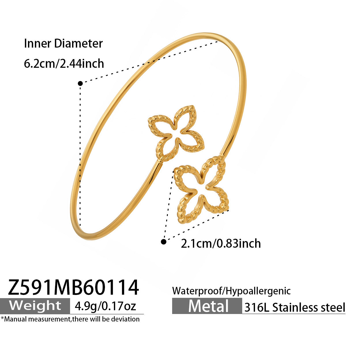 316L Stainless Steel 18K Gold PVD Minimalist Floral Open Bangle - front view showcase
