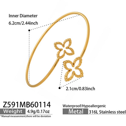 316L Stainless Steel 18K Gold PVD Minimalist Floral Open Bangle - front view showcase