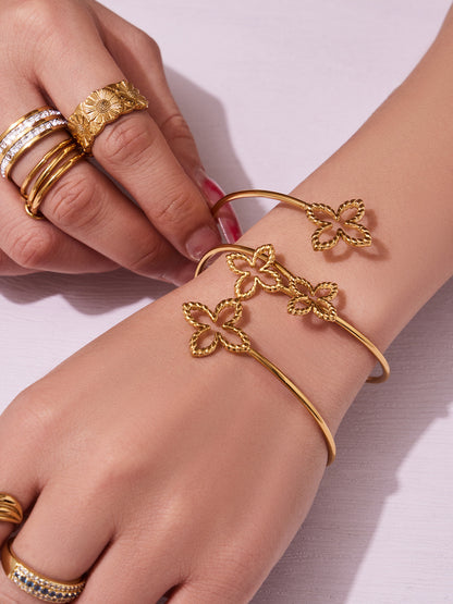 316L Stainless Steel 18K Gold PVD Minimalist Floral Open Bangle - exquisite craftsmanship detail