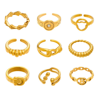 316L Stainless Steel 18K Gold PVD Minimalist Geometric Openwork Ring - front view showcase