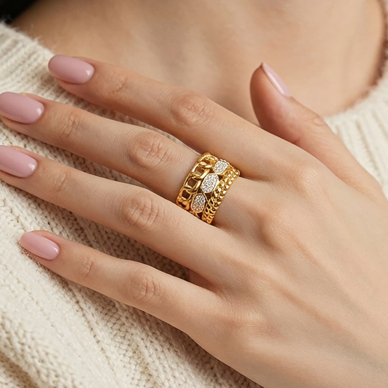 316L Stainless Steel 18K Gold PVD Paved CZ Ring - front view showcase