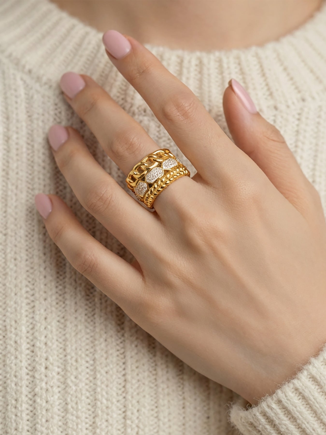 316L Stainless Steel 18K Gold PVD Paved CZ Ring - luxury texture close up