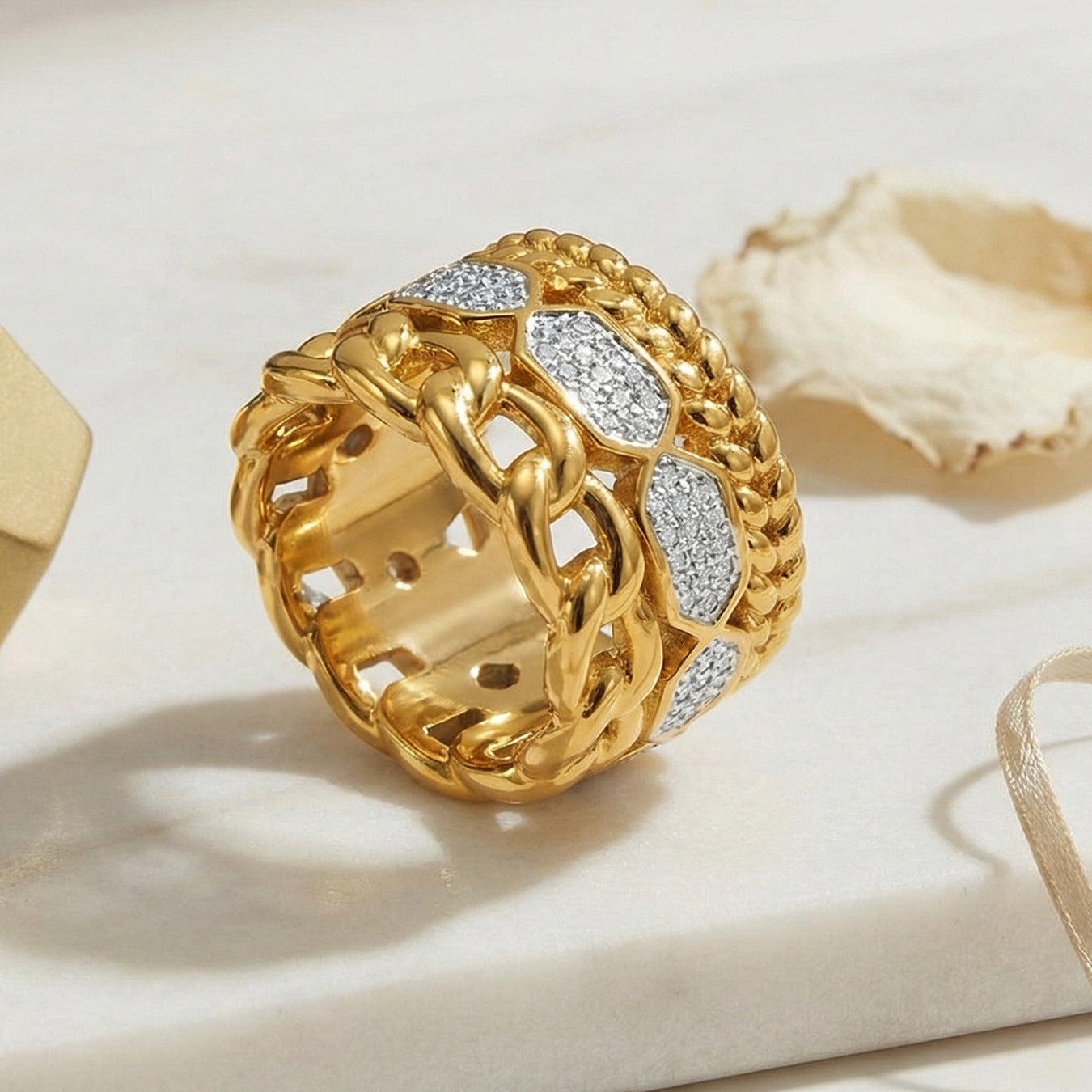 316L Stainless Steel 18K Gold PVD Paved CZ Ring - premium jewelry aesthetic