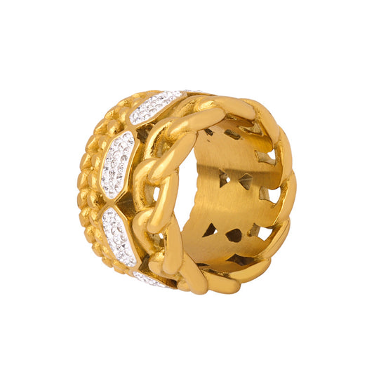 316L Stainless Steel 18K Gold PVD Paved CZ Ring - front view showcase