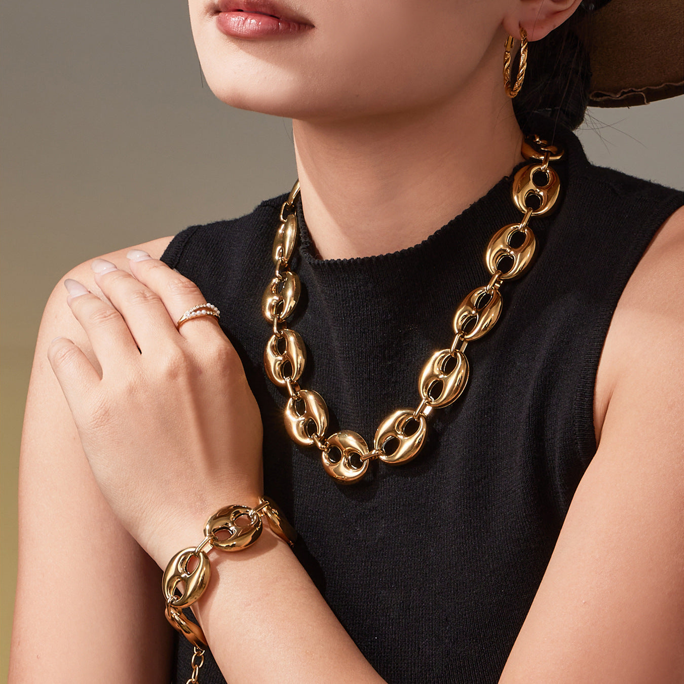 316L Stainless Steel 18K Gold PVD Two-Tone Coffee Bean Necklace - luxury texture close up