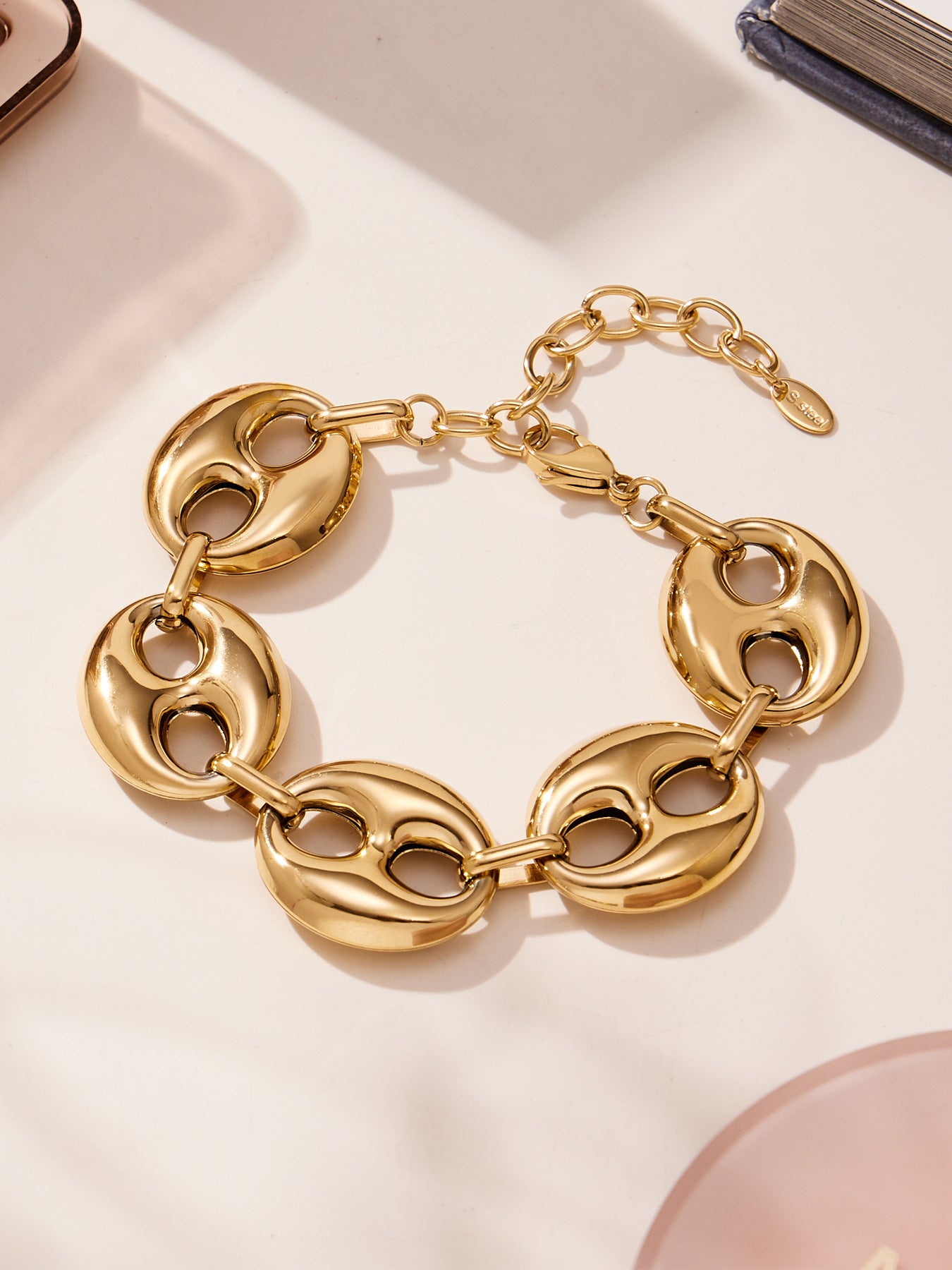 316L Stainless Steel 18K Gold PVD Two-Tone Coffee Bean Necklace - luxury texture close up