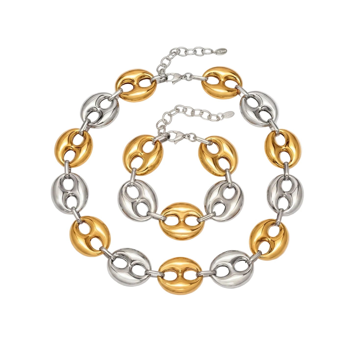 316L Stainless Steel 18K Gold PVD Two-Tone Coffee Bean Necklace - front view showcase