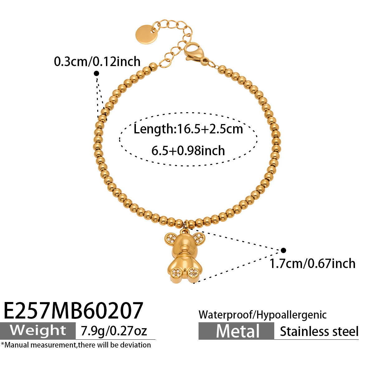 Size guide for 316L stainless steel 18K gold PVD zircon bear bracelet, adjustable fit for women