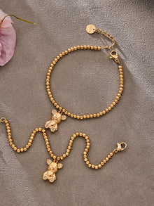 Lifestyle shot of 316L stainless steel 18K gold PVD zircon bear bracelet, waterproof for daily wear