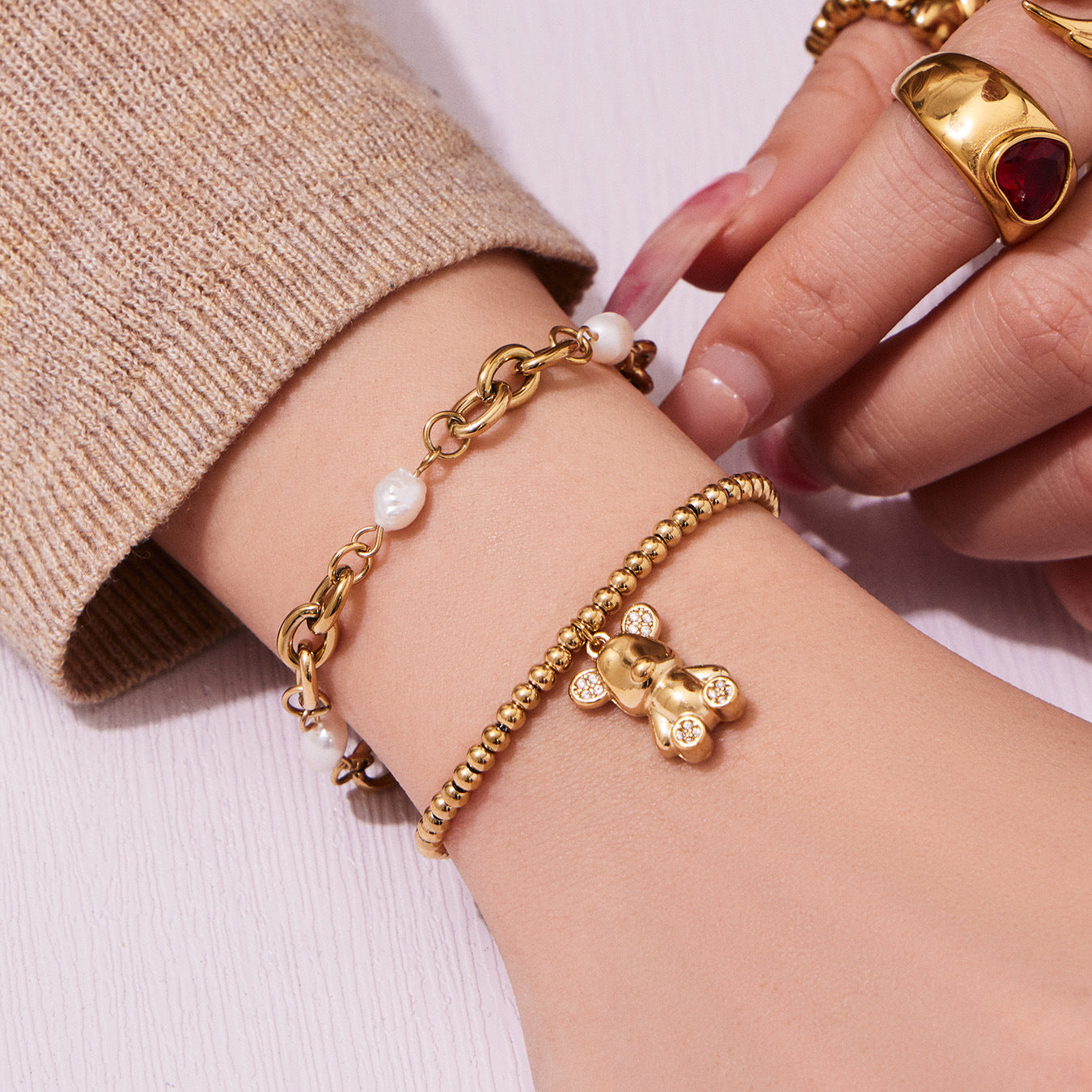 316L stainless steel 18K gold PVD zircon bear bracelet collection, waterproof wholesale jewelry supplier