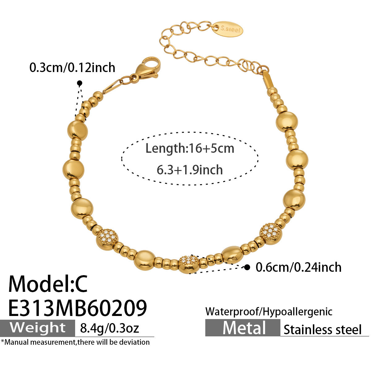 Close-up of 316L Stainless Steel 18K Gold PVD star bead bracelet on wrist, hypoallergenic