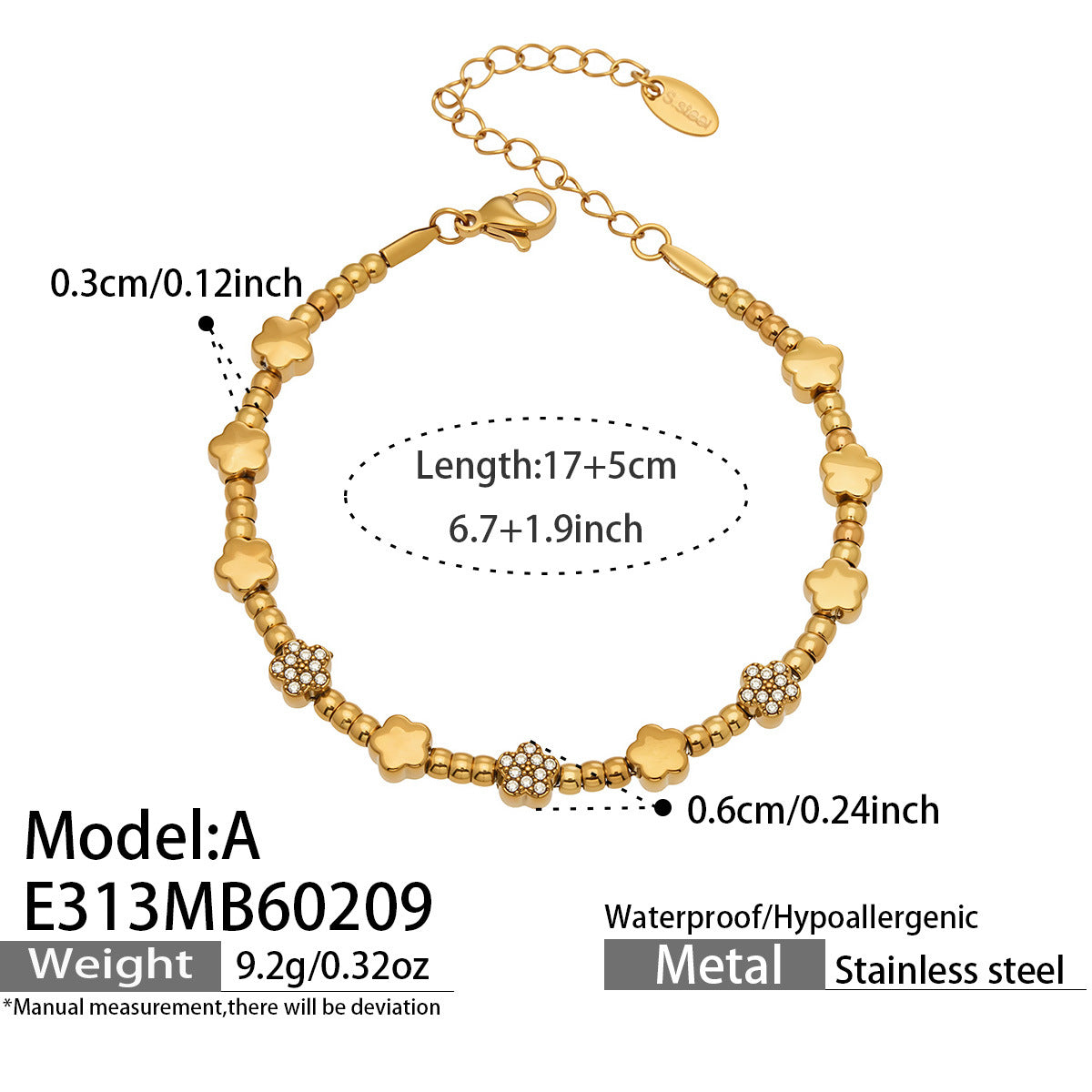 316L Stainless Steel 18K Gold PVD star bead bracelet lock detail, tarnish-free waterproof