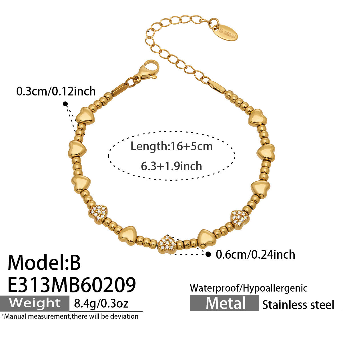 316L Stainless Steel 18K Gold PVD Plated Star Bead Bracelet - front view showcase