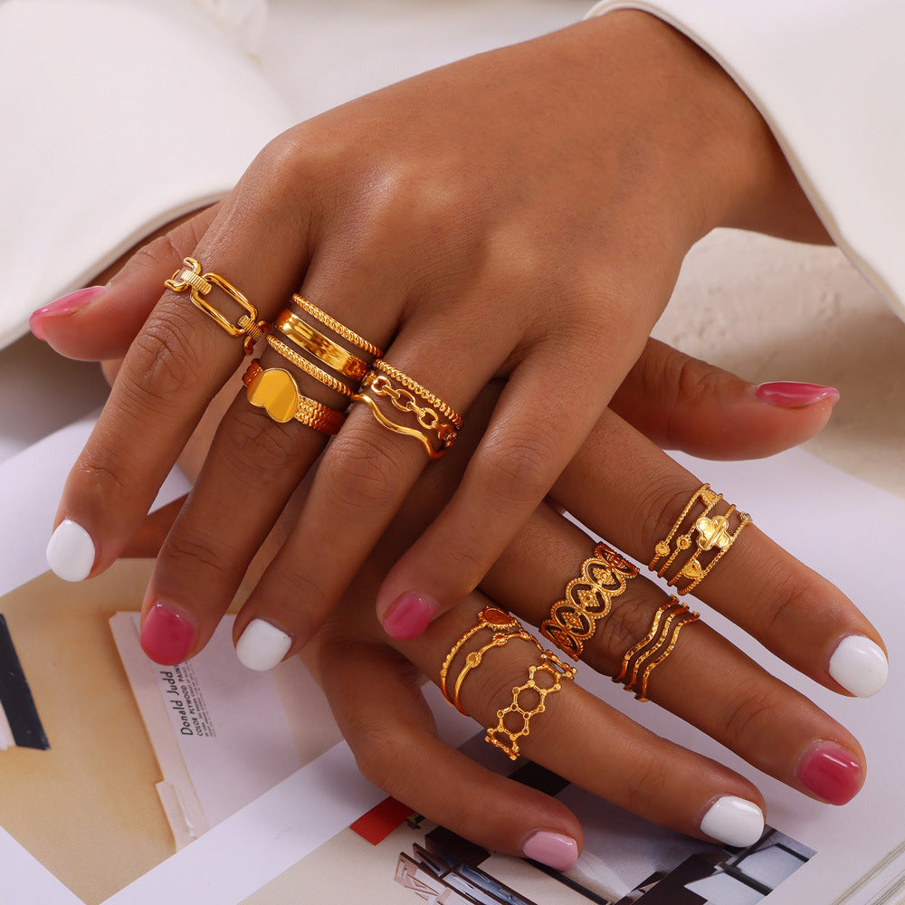 316L Stainless Steel 18K Gold PVD Plated Vintage Geometric Open Ring - front view showcase