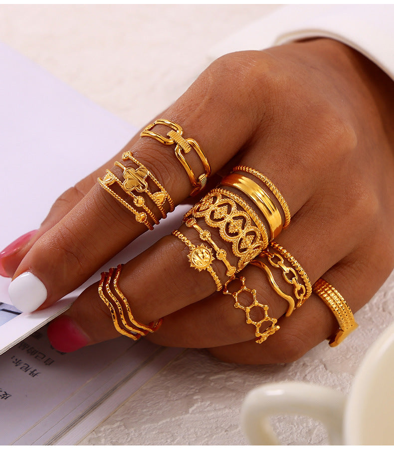 316L Stainless Steel 18K Gold PVD Plated Vintage Geometric Open Ring - sophisticated side angle
