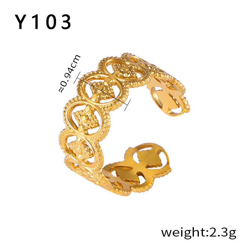 316L Stainless Steel 18K Gold PVD Plated Vintage Geometric Open Ring - front view showcase