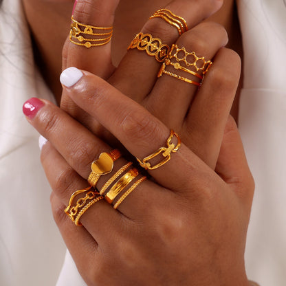 316L Stainless Steel 18K Gold PVD Plated Vintage Geometric Open Ring - sophisticated side angle