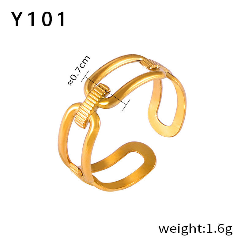 316L Stainless Steel 18K Gold PVD Plated Vintage Geometric Open Ring - front view showcase