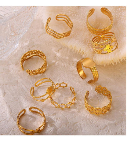 316L Stainless Steel 18K Gold PVD Plated Vintage Geometric Open Ring - elegant lifestyle look