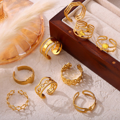 316L Stainless Steel 18K Gold PVD Plated Vintage Geometric Open Ring - luxury texture close up