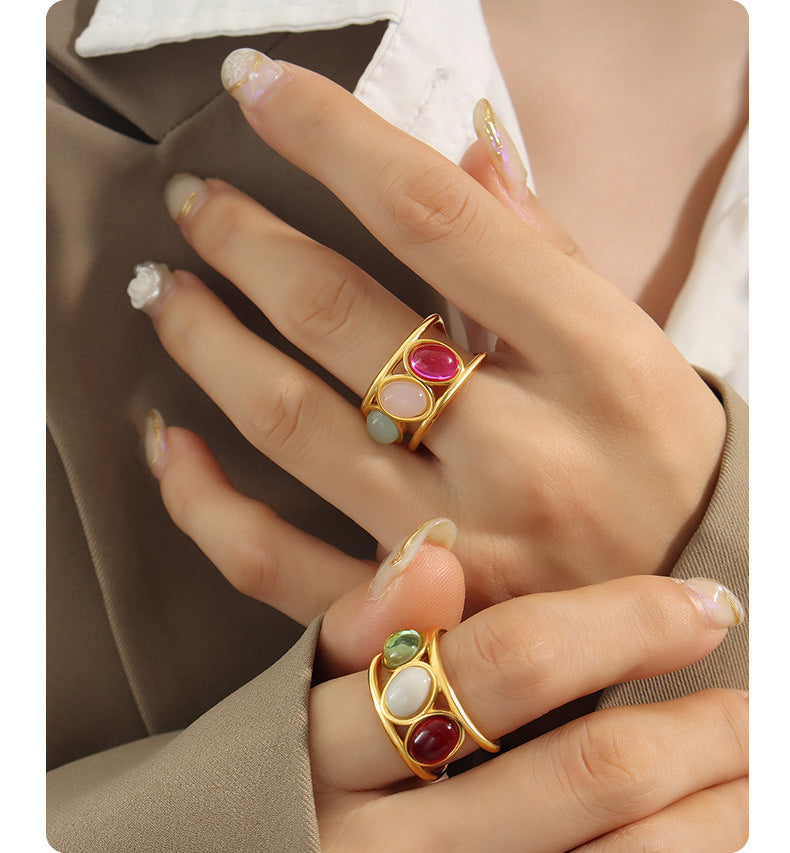 316L Stainless Steel 18K Gold PVD Plated Vintage Geometric Ring - front view showcase