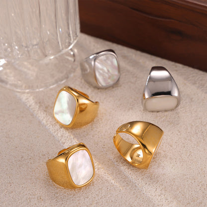 316L Stainless Steel 18K Gold PVD Plated Vintage Mother-of-Pearl Ring - front view showcase