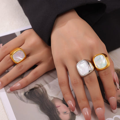 316L Stainless Steel 18K Gold PVD Plated Vintage Mother-of-Pearl Ring - luxury texture close up