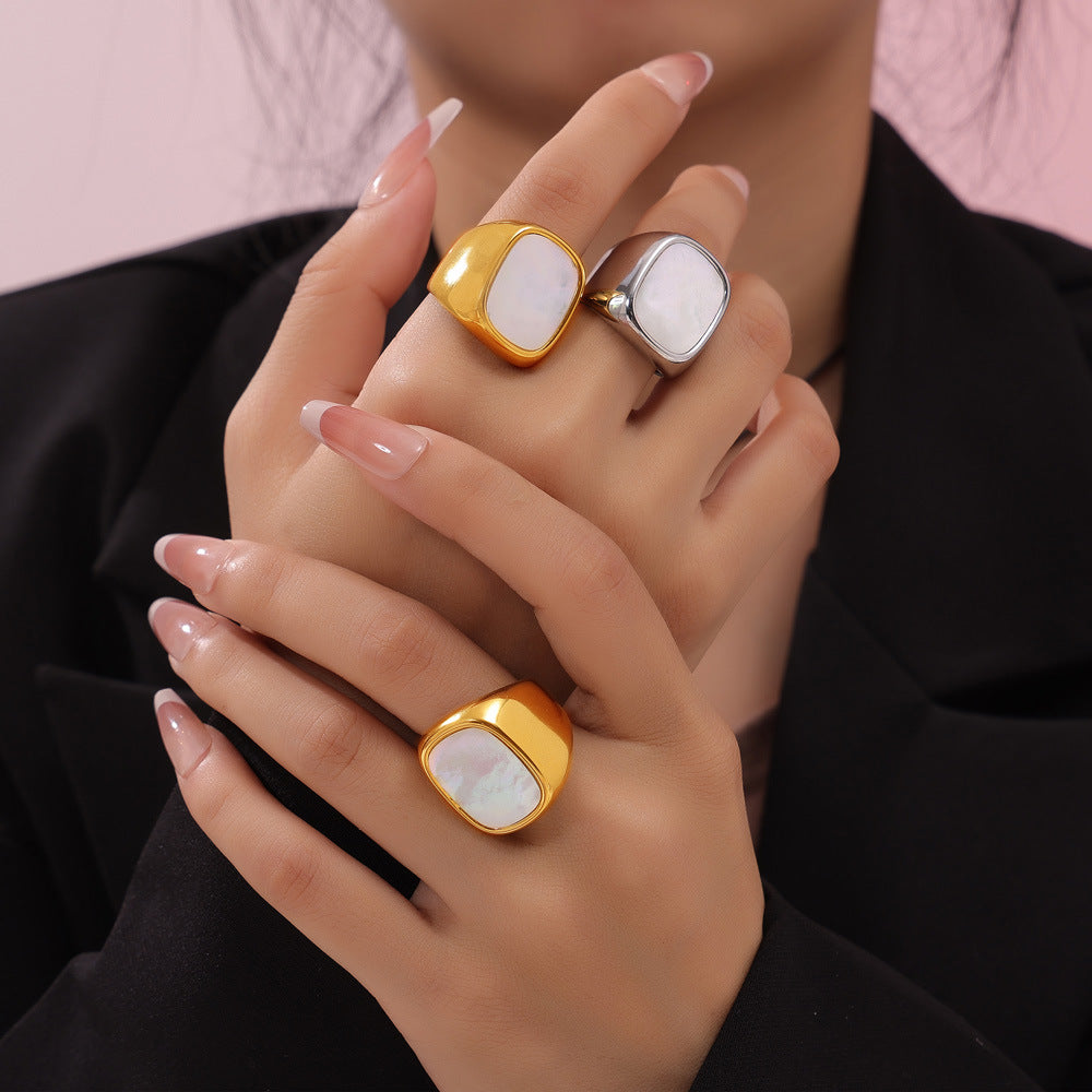 316L Stainless Steel 18K Gold PVD Plated Vintage Mother-of-Pearl Ring - premium jewelry aesthetic