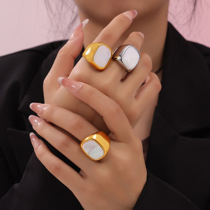 316L Stainless Steel 18K Gold PVD Plated Vintage Mother-of-Pearl Ring - premium jewelry aesthetic