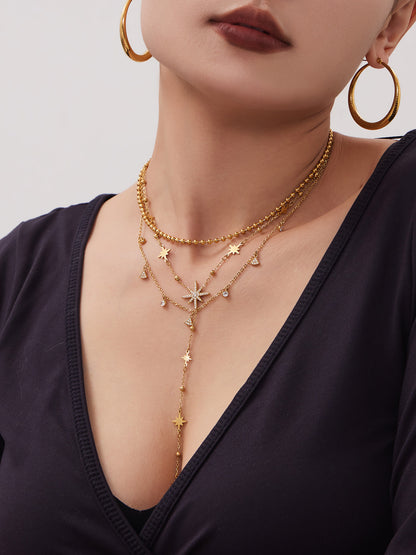 316L Stainless Steel 18K Gold PVD Plated Zircon Star Layered Jewelry Set - front view showcase