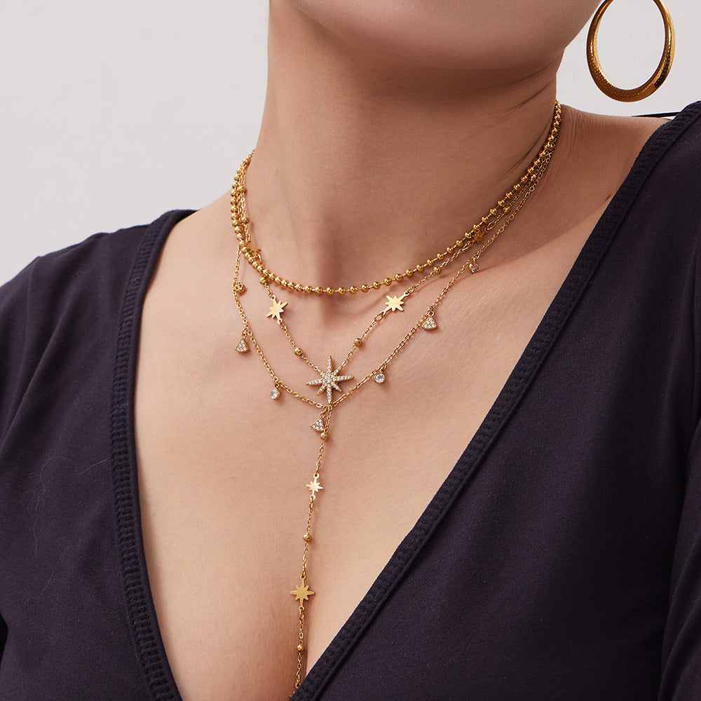 316L Stainless Steel 18K Gold PVD Plated Zircon Star Layered Jewelry Set - elegant lifestyle look