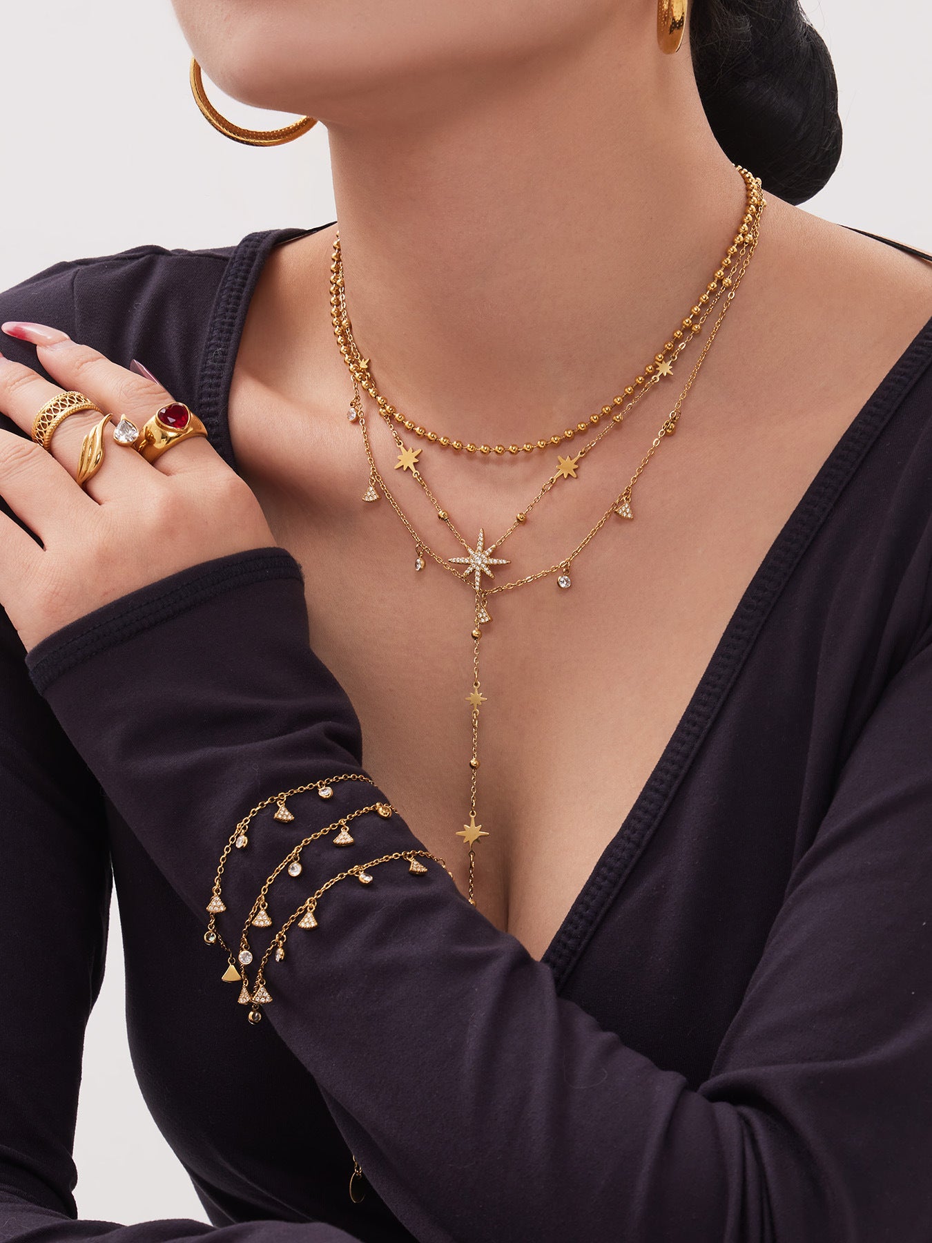 316L Stainless Steel 18K Gold PVD Plated Zircon Star Layered Jewelry Set - premium jewelry aesthetic