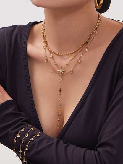 316L Stainless Steel 18K Gold PVD Plated Zircon Star Layered Jewelry Set - front view showcase