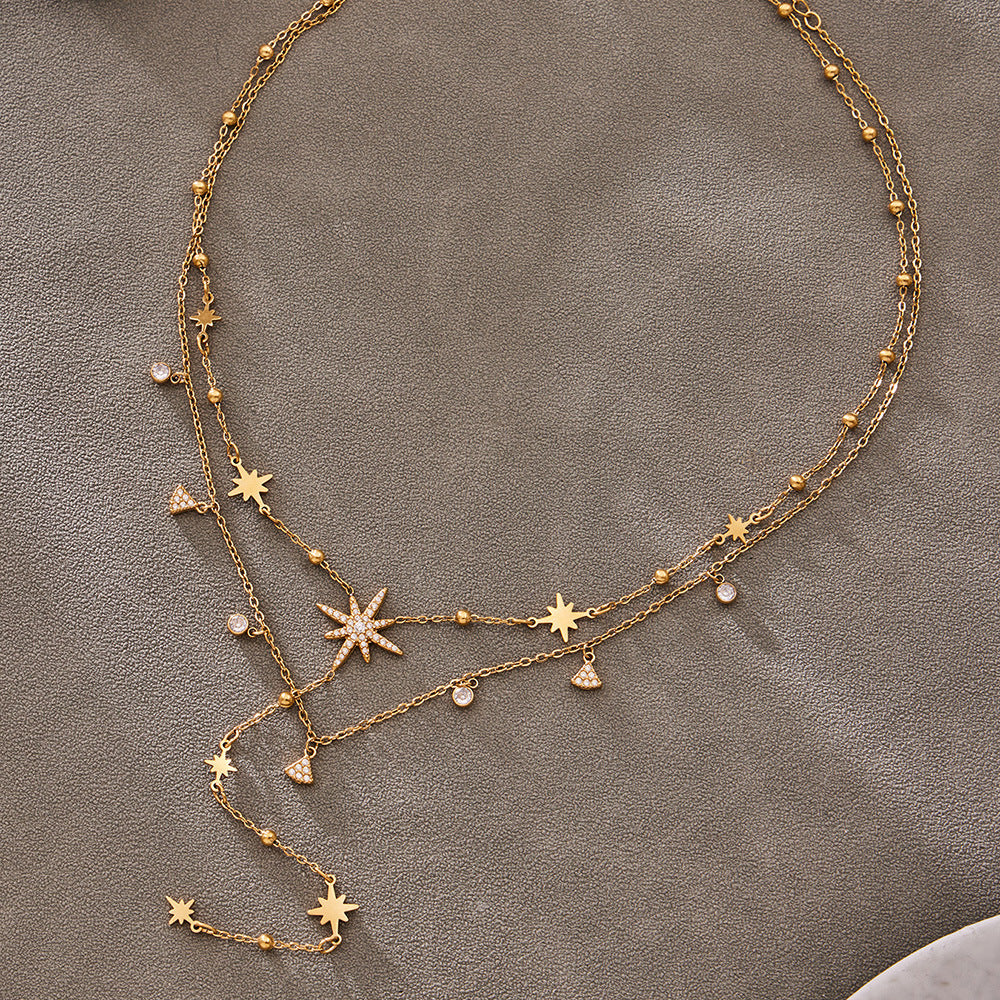 316L Stainless Steel 18K Gold PVD Plated Zircon Star Layered Jewelry Set - elegant lifestyle look
