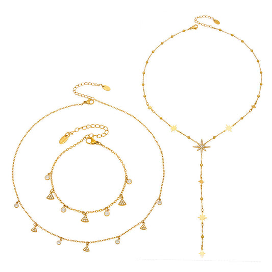 316L Stainless Steel 18K Gold PVD Plated Zircon Star Layered Jewelry Set - sophisticated side angle