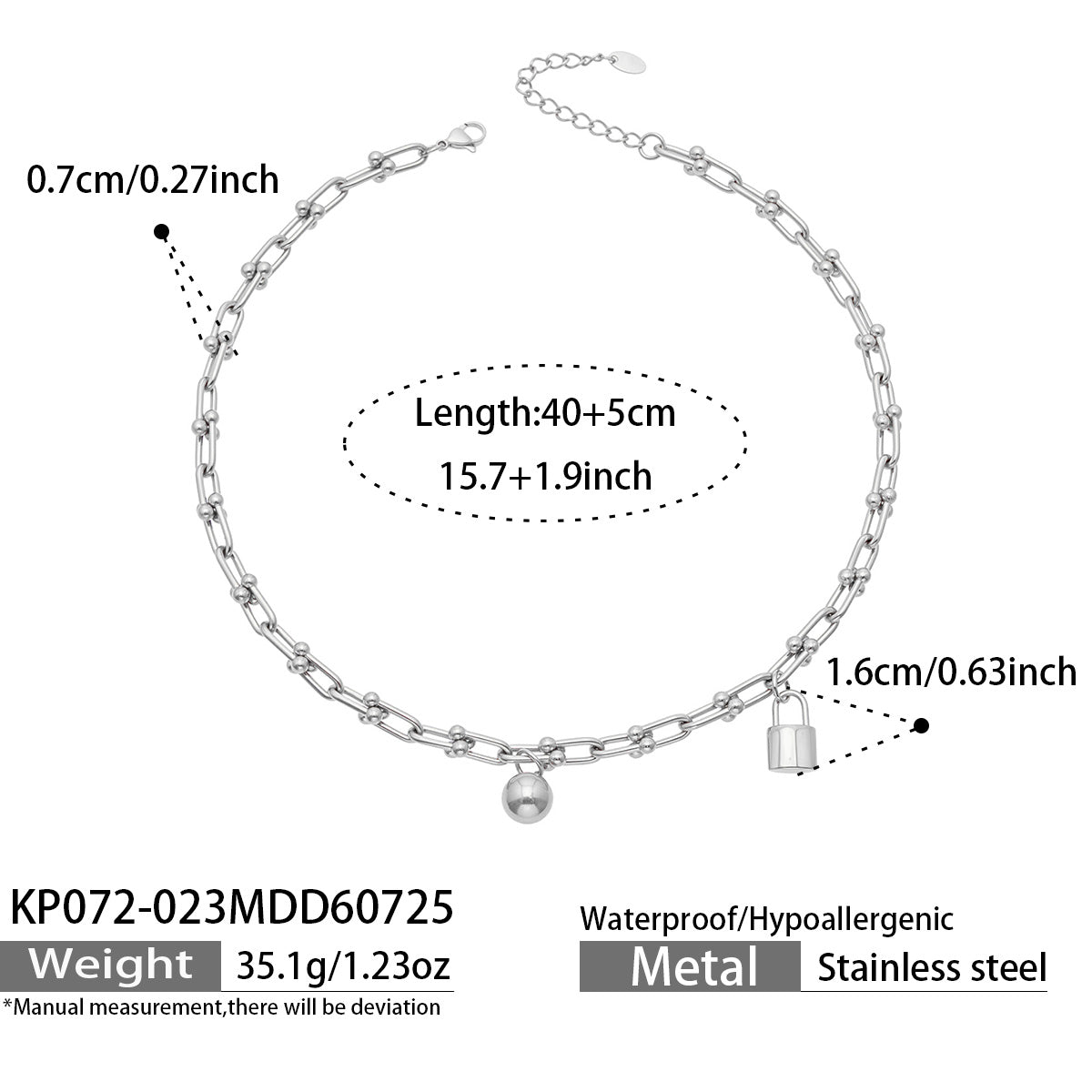 MiduoduoJewelry polished steel ball lock chain link necklace dimensions and specifications
