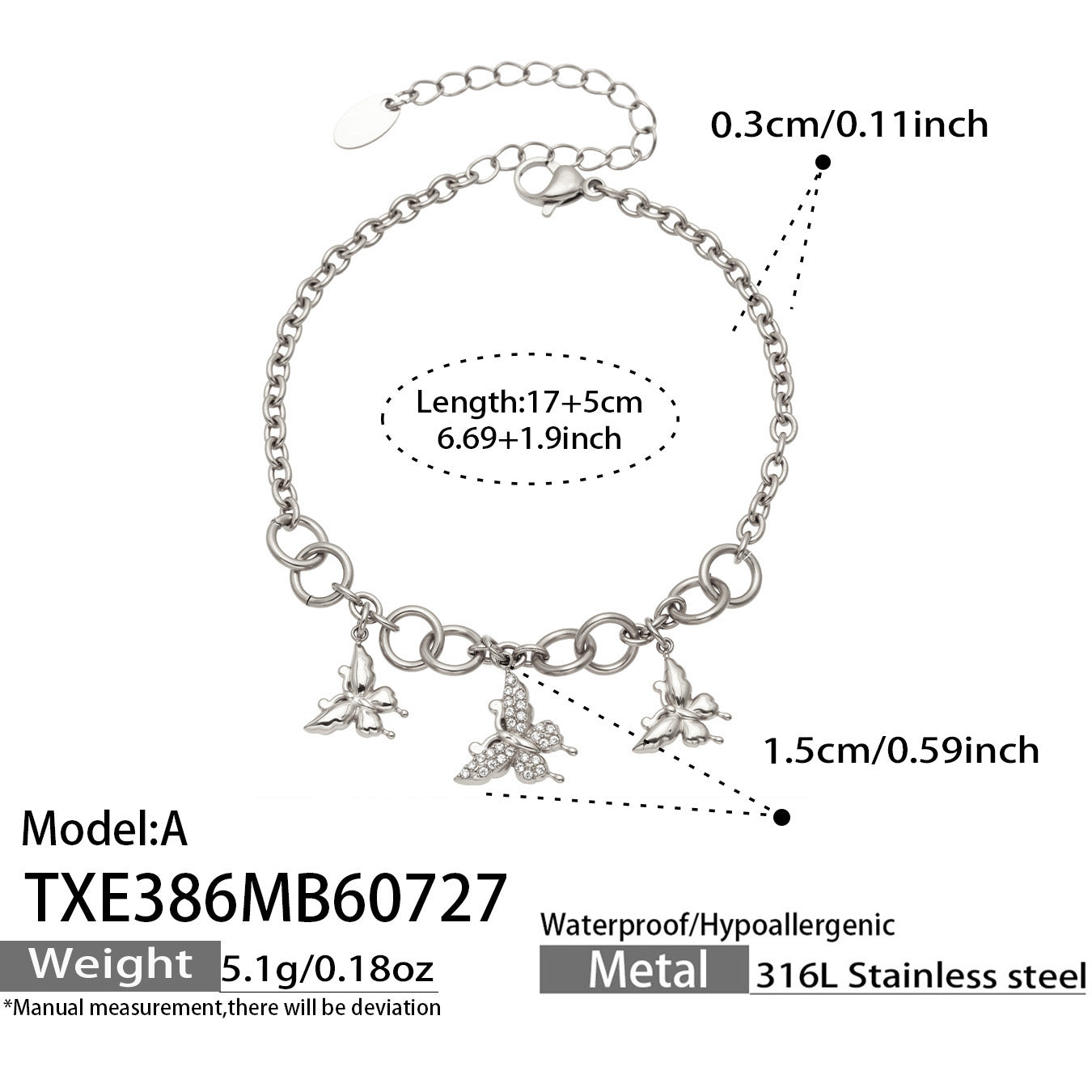 Polished steel butterfly zircon bracelet dimensions and extender specification guide