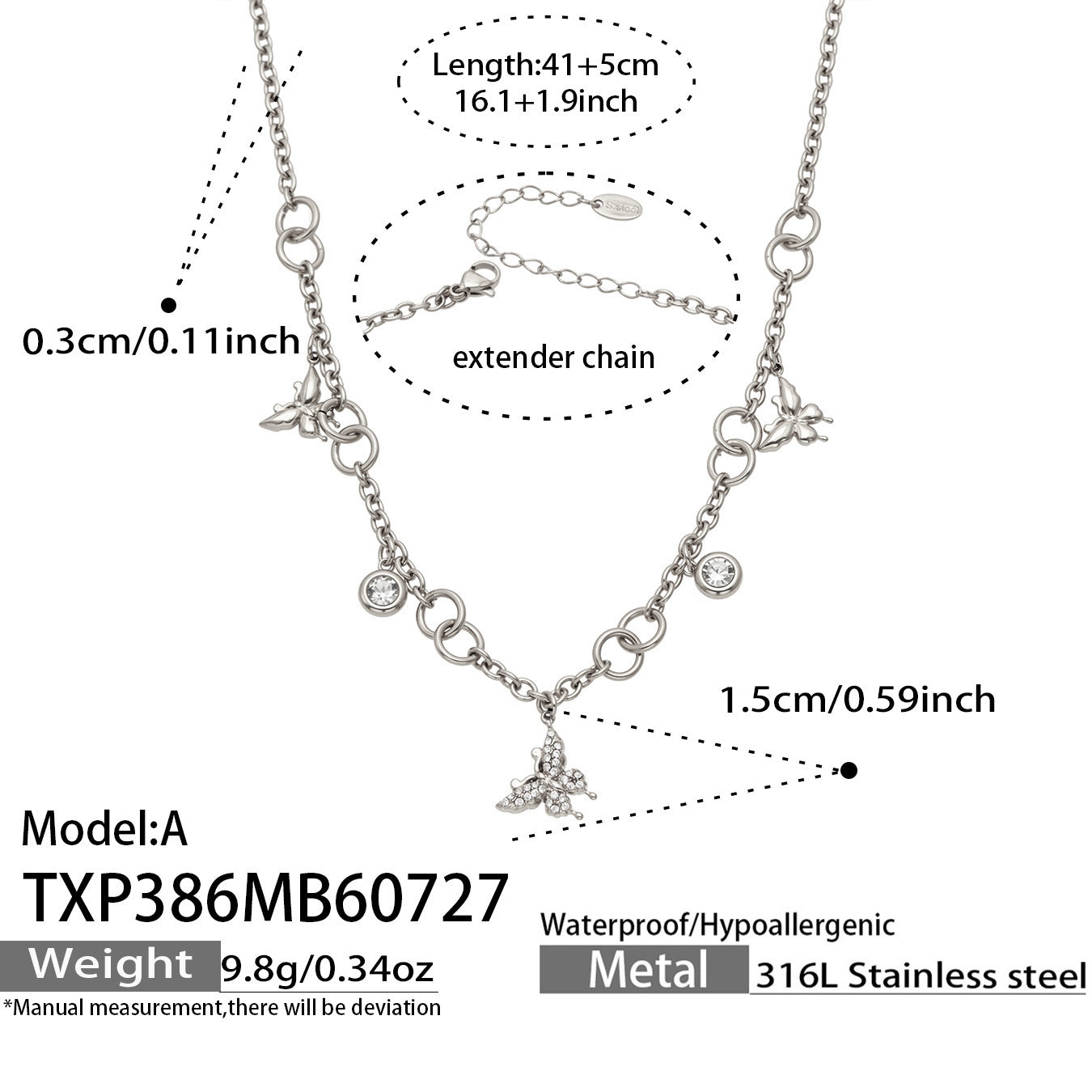 Polished steel butterfly zircon necklace chain length and charm dimensions guide