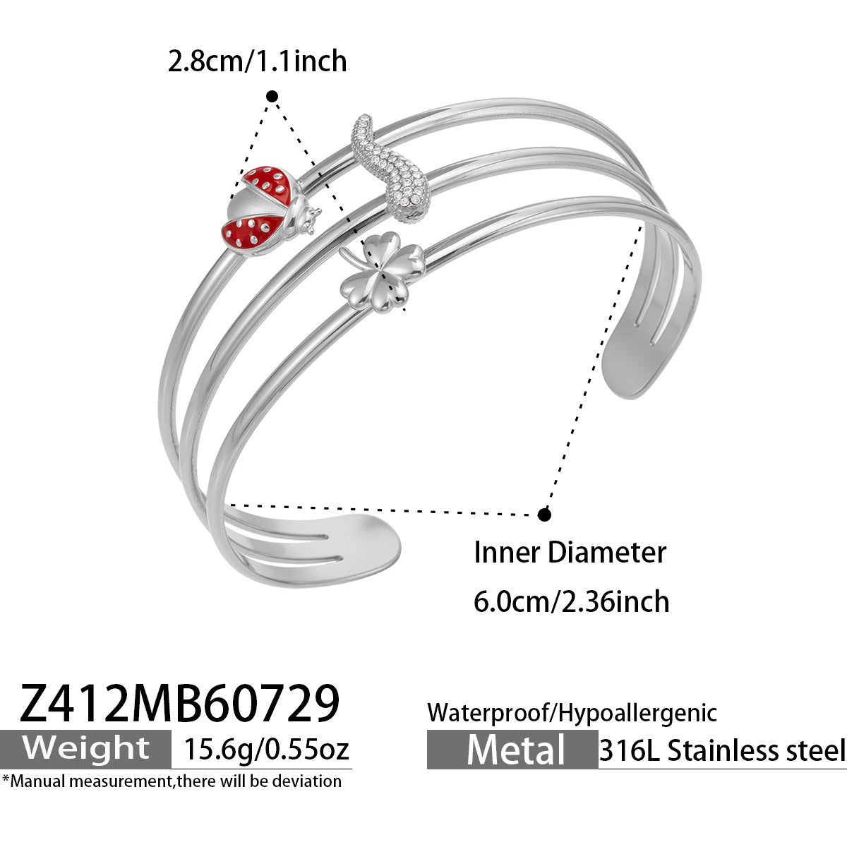 Polished steel chili pepper cuff bracelet dimensions and product specification guide