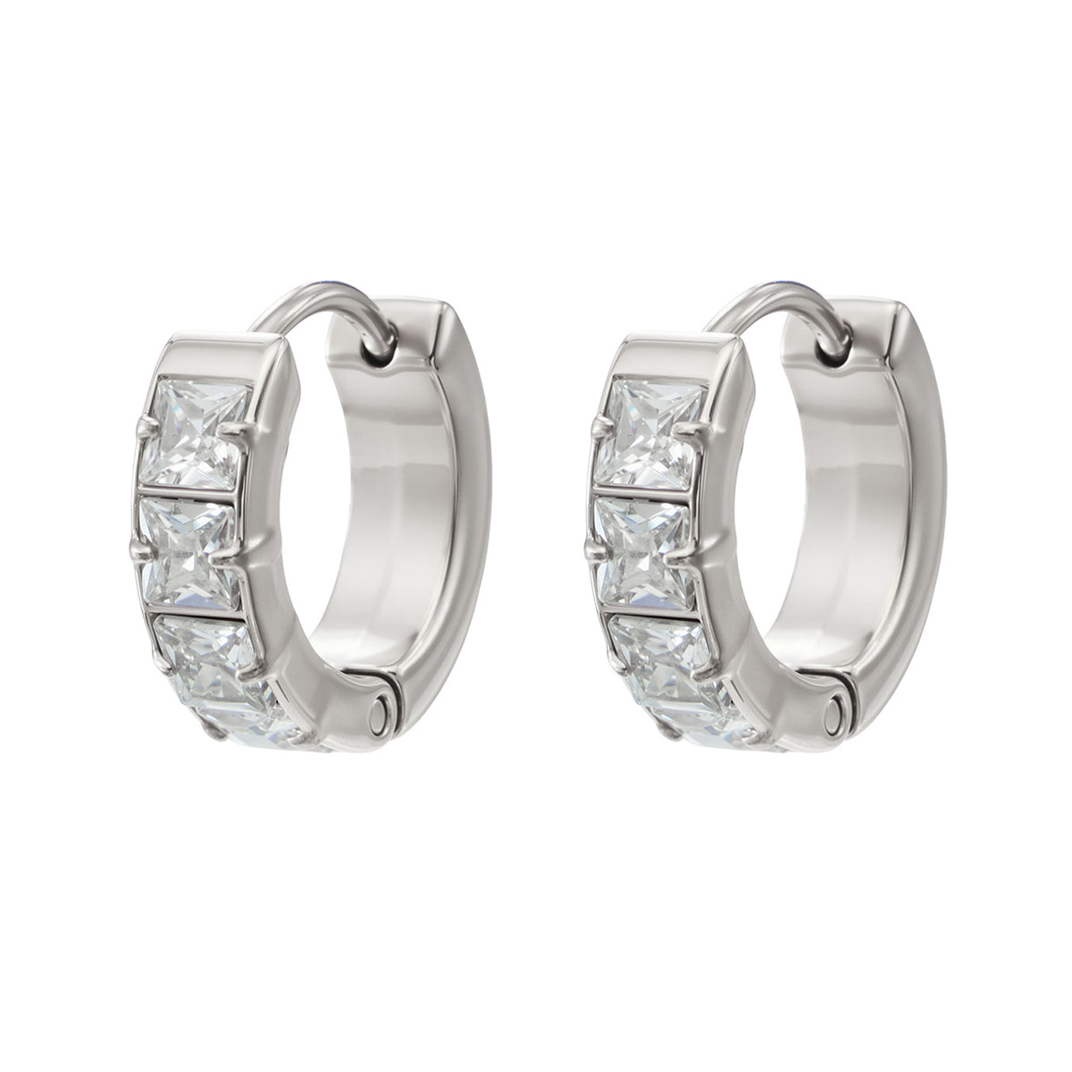 Steel-tone stainless steel huggie hoop earrings with clear cubic zirconia