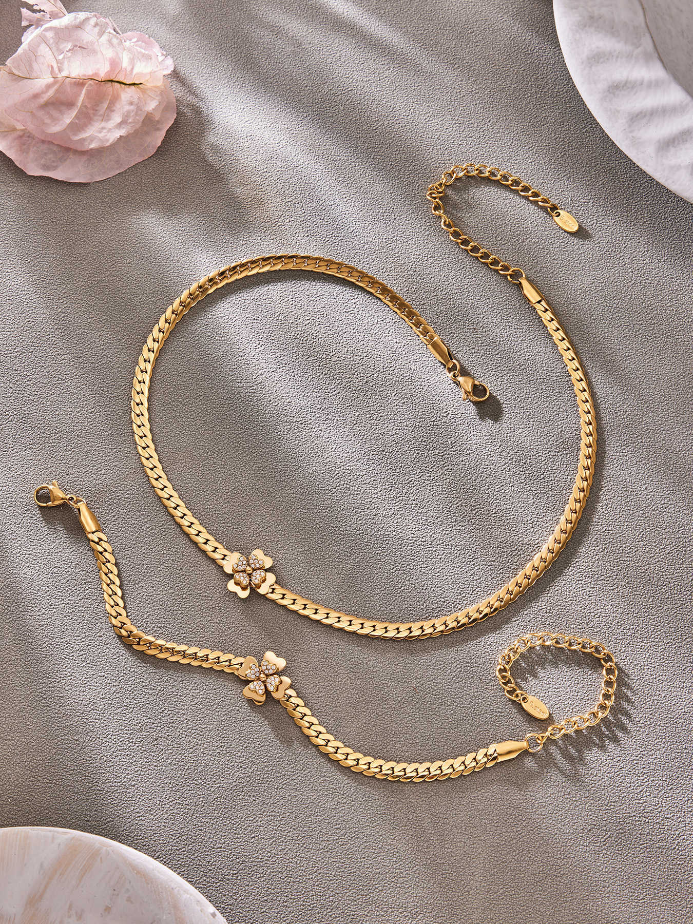 316L Stainless Steel CZ Double Layer Floral Jewelry Set - premium jewelry aesthetic