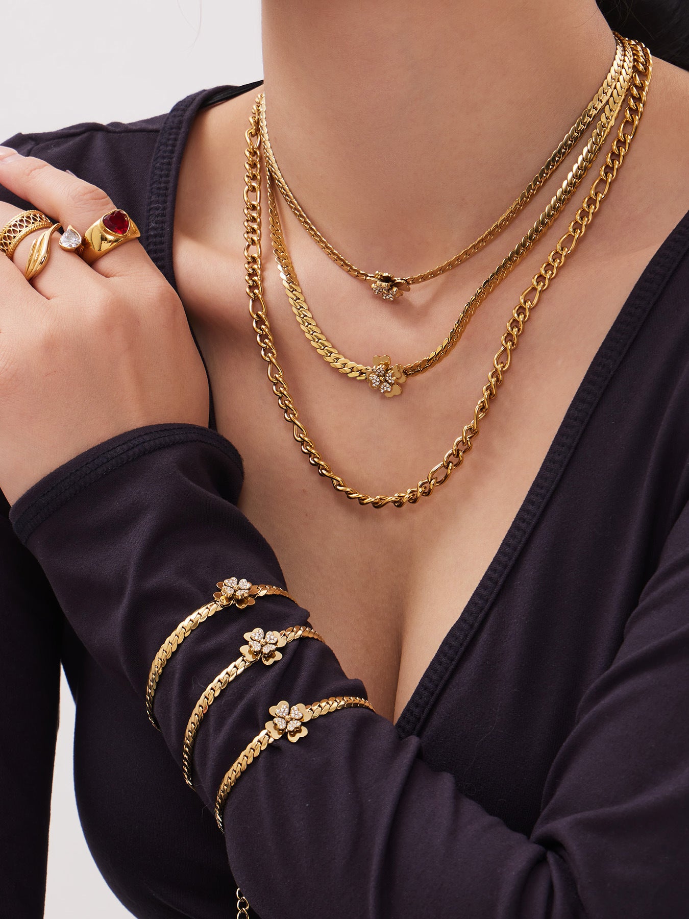 316L Stainless Steel CZ Double Layer Floral Jewelry Set - premium jewelry aesthetic