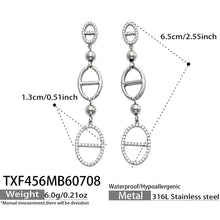 Steel D-shaped zircon drop earrings size card with long geometric pendant design and clear zircon accents