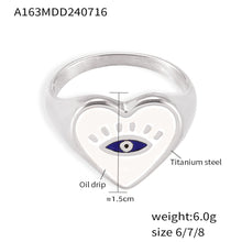 Front-view size guide for the steel-tone stainless steel evil eye heart ring