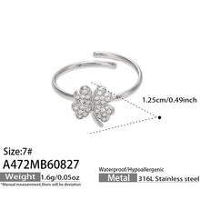 Size and measurement details for a steel 316L stainless steel floral CZ open ring