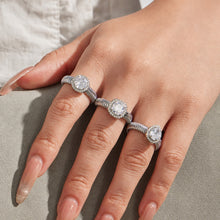 Model wearing steel tone geometric zircon open rings with waterdrop, round and square 5A zircon center stones
